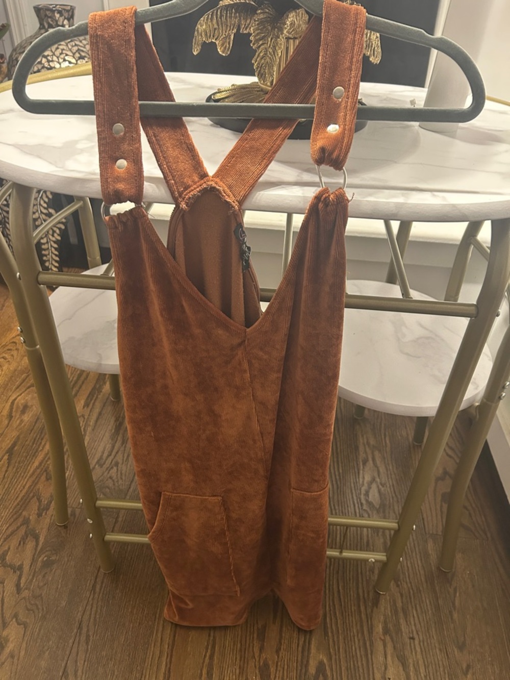 Rust Velvet Overall Dress with Front Pockets